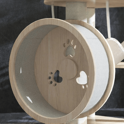 Arbre à chat design bois blanc avec roue et hamac - Mon Arbre à Chat