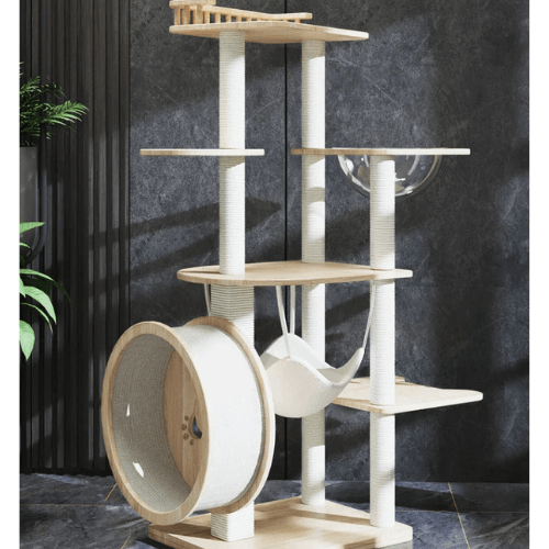 Arbre à chat design bois blanc avec roue et hamac - Mon Arbre à Chat