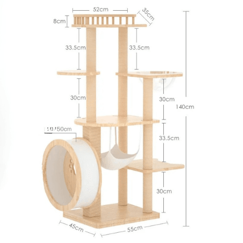 Arbre à chat design bois blanc avec roue et hamac - Mon Arbre à Chat