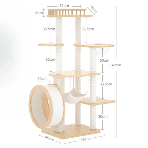 Arbre à chat design bois blanc avec roue et hamac - Mon Arbre à Chat