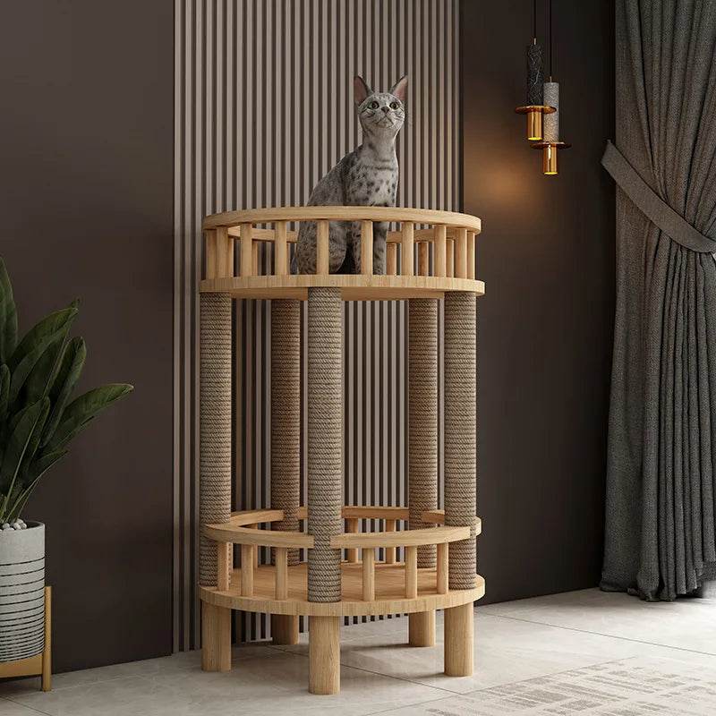 Arbre à chat design bois meuble griffoir litière ronde ouverte - Mon Arbre à Chat