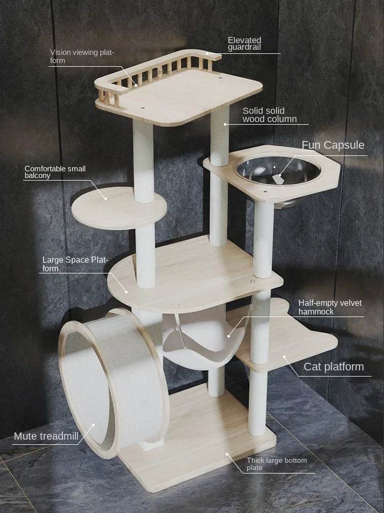 Arbre à chat design bois blanc avec roue et hamac - Mon Arbre à Chat