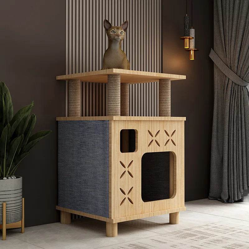 Arbre à chat design bois meuble griffoir avec litière fermée - Mon Arbre à Chat