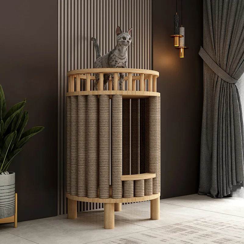 Arbre à chat design bois meuble griffoir avec litière ronde - Mon Arbre à Chat